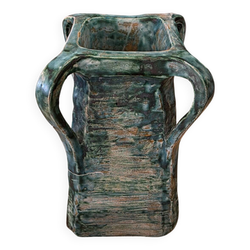 Vintage brutalist ceramic vase with 4 green handles.