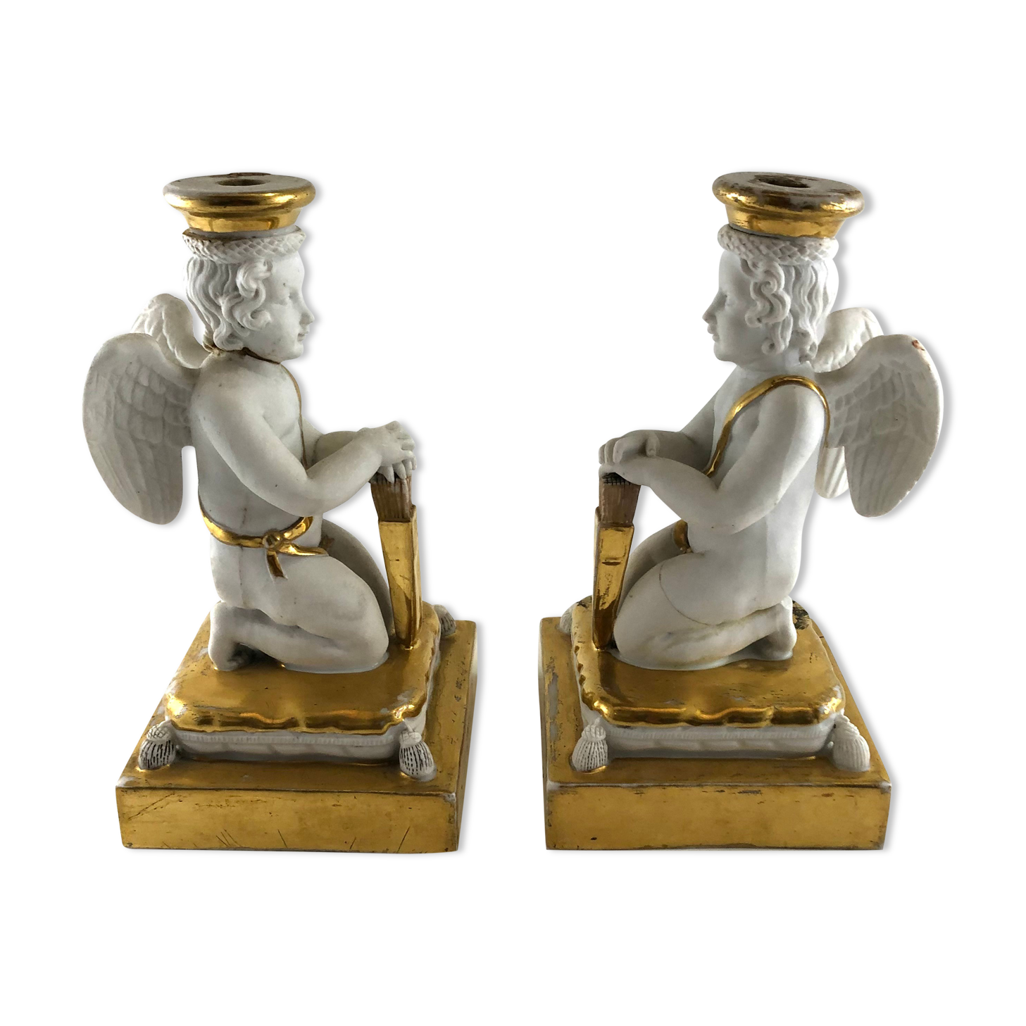 Paire de bougeoirs anges blanc et doré decoration Noel