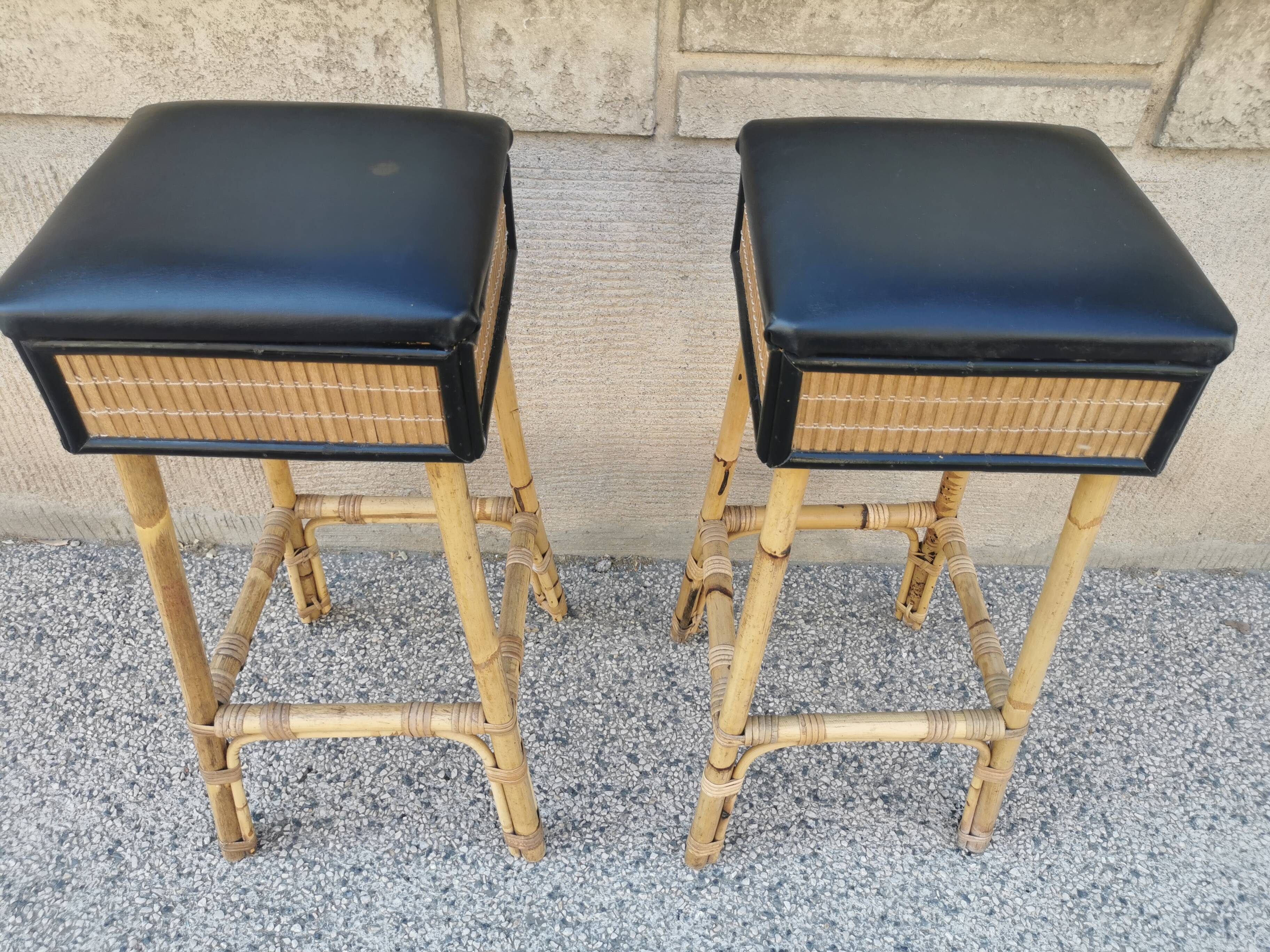 Pair of vintage bamboo stools from the 70s