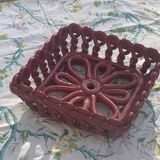 Fruit bowl in red slip, square shape, enamelled ceramic, old