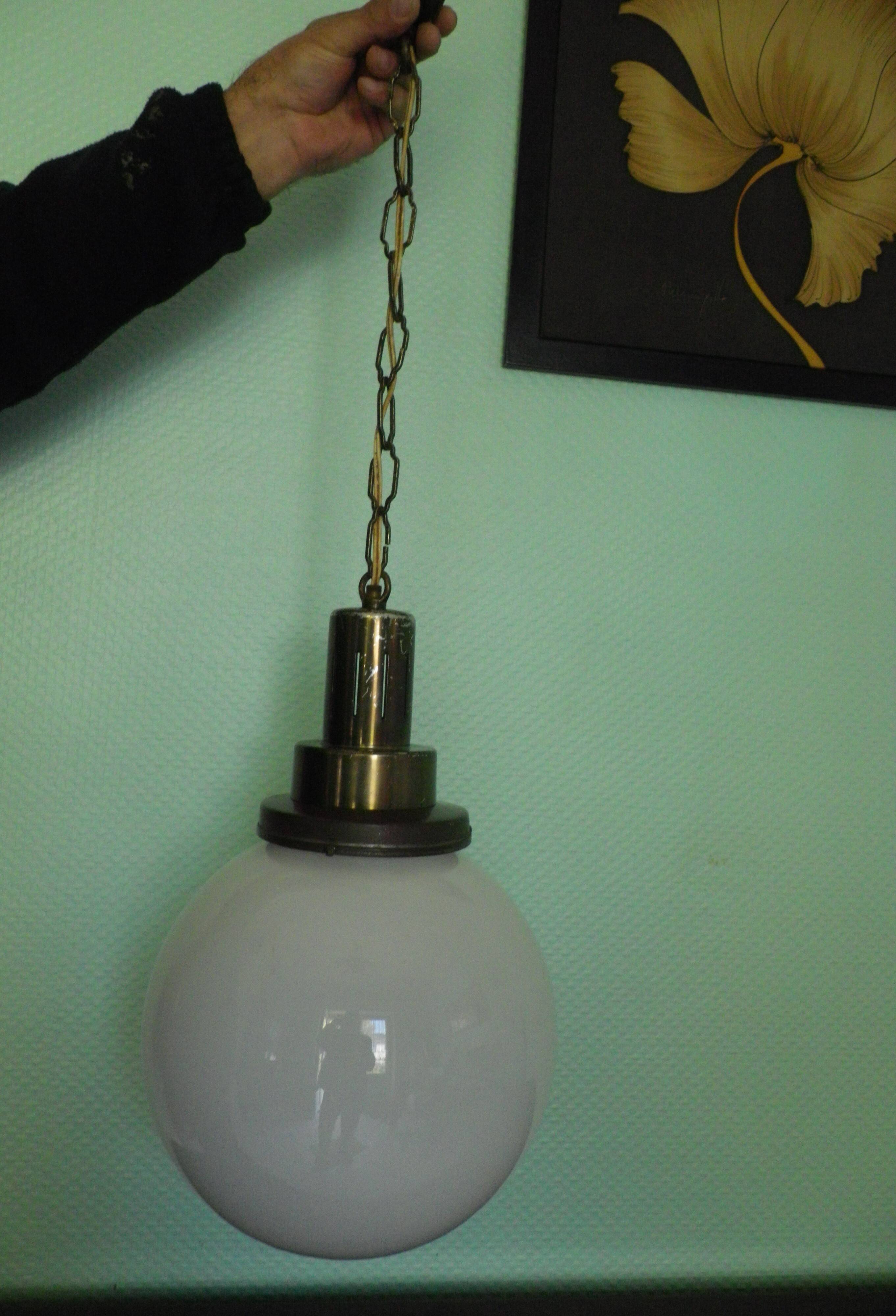 Minimalist Art Deco Pendant Lamp in Opaline Glass, 1950s