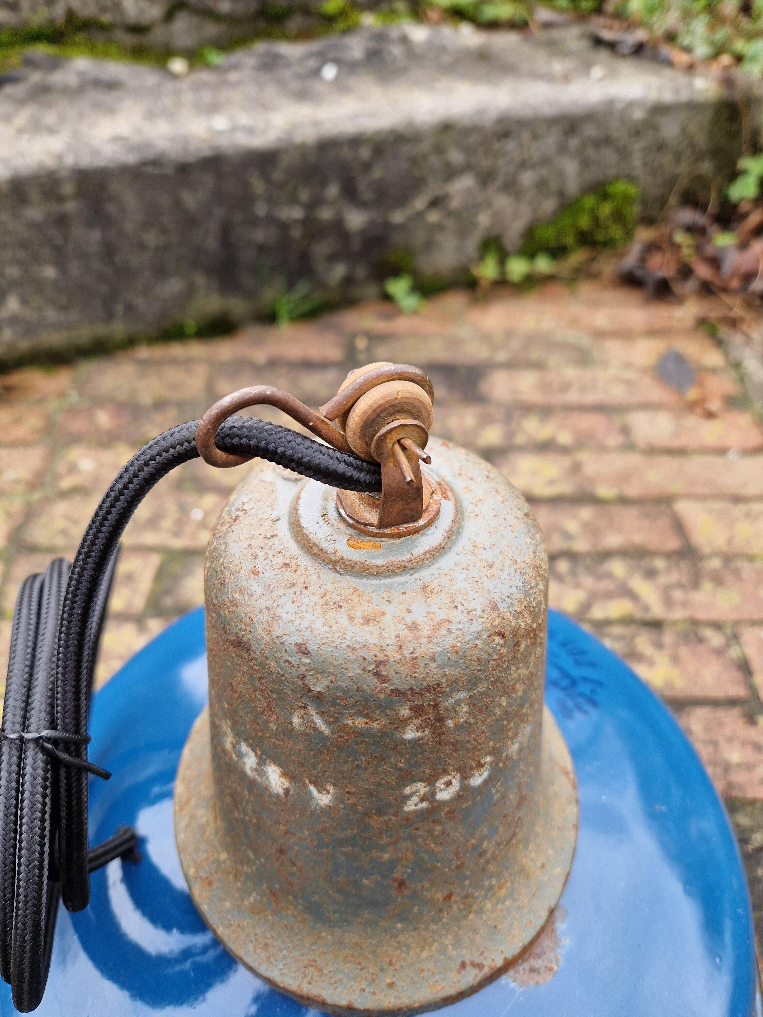 Industrial pendant light in blue enamelled sheet metal and cast iron, Poland, 1950s-60s