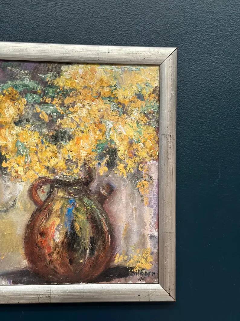 Original Swedish Oil on Canvas – “Vessel with Mimosa” by Monica Gilhorn – Signed – Vintage & Framed – 40 × 31.5 cm (15.7" × 12.4")
