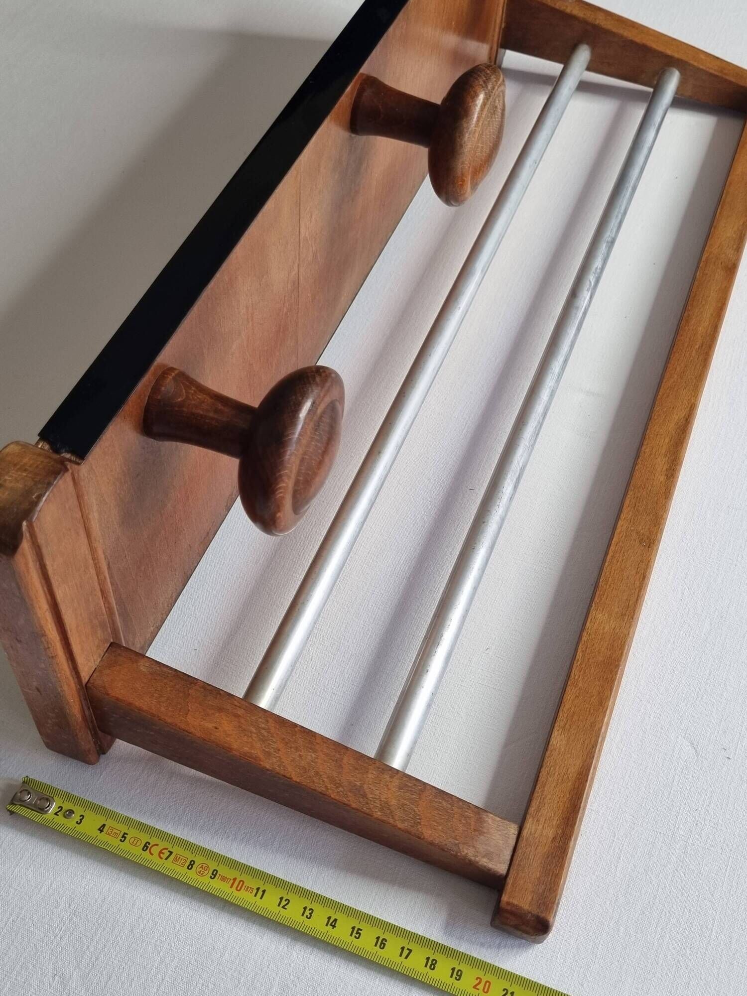 Vintage wall mounted coat rack in wood and metal, 3 hooks, retro style