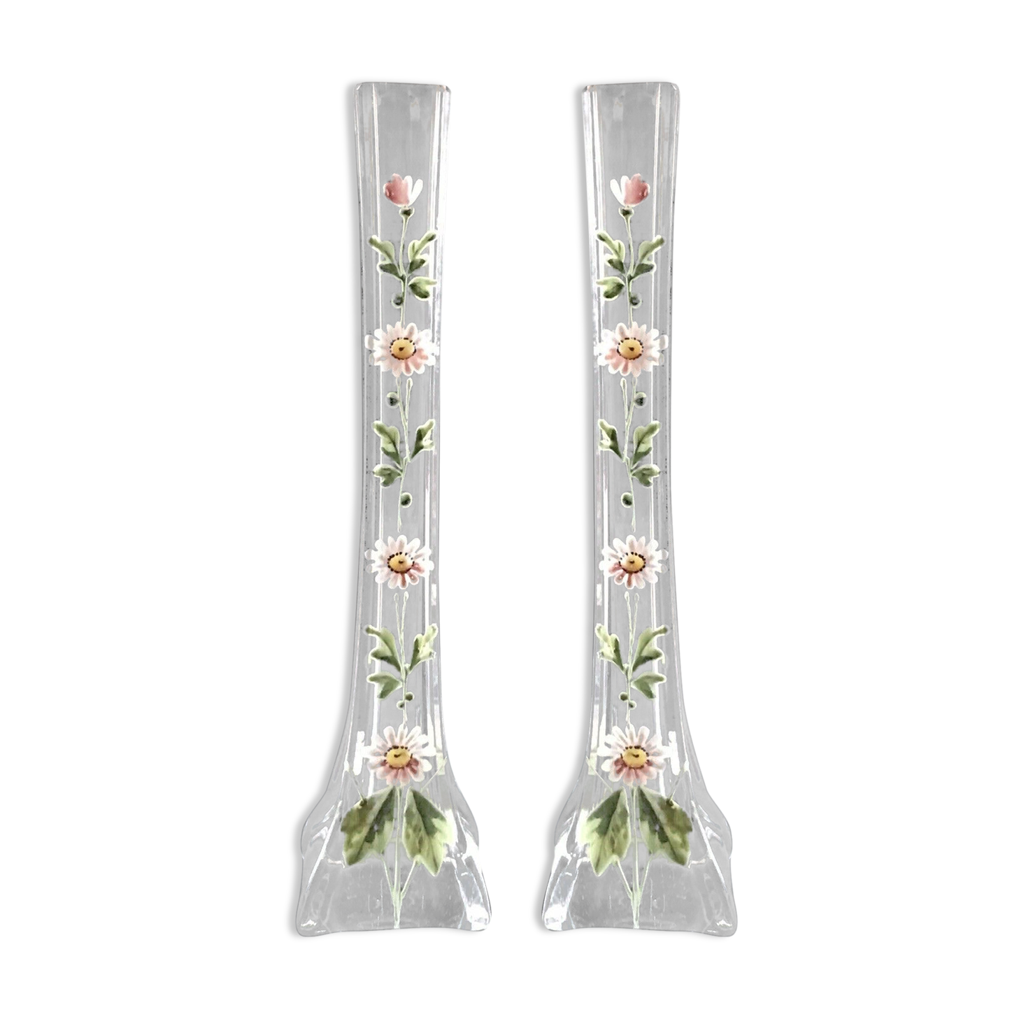 Paire vases 1900 soliflore cristal émaillé décor marguerites blanc et vert