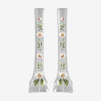 Pair vases 1900 soliflore crystal enamelled décor daisies white and green