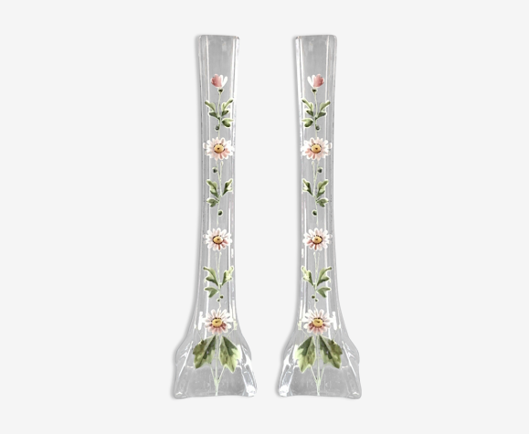 Paire vases 1900 soliflore cristal émaillé décor marguerites blanc et vert