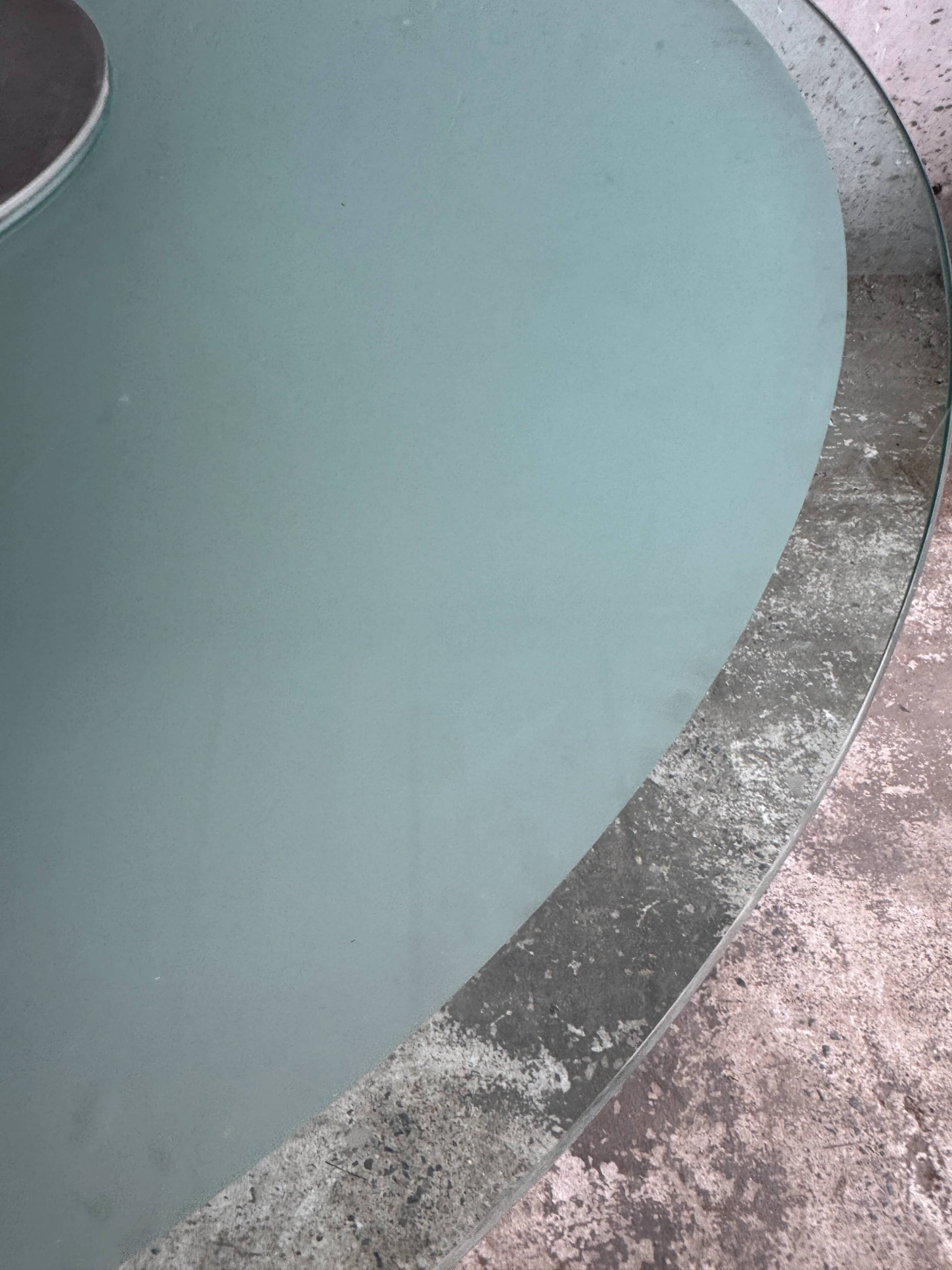 Translucent Frosted Glass Round Dining Table with Brushed Stainless Steel Pedestal — Industrial 1990s