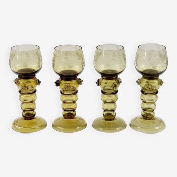 Set of 4 hand blown glass Roemer wine hocks (Germany, 1880-1900)