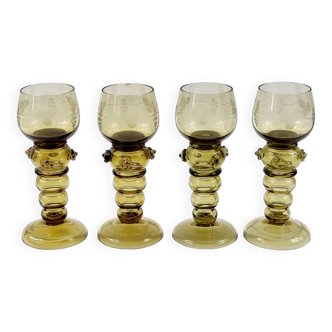 Set of 4 hand blown glass Roemer wine hocks (Germany, 1880-1900)