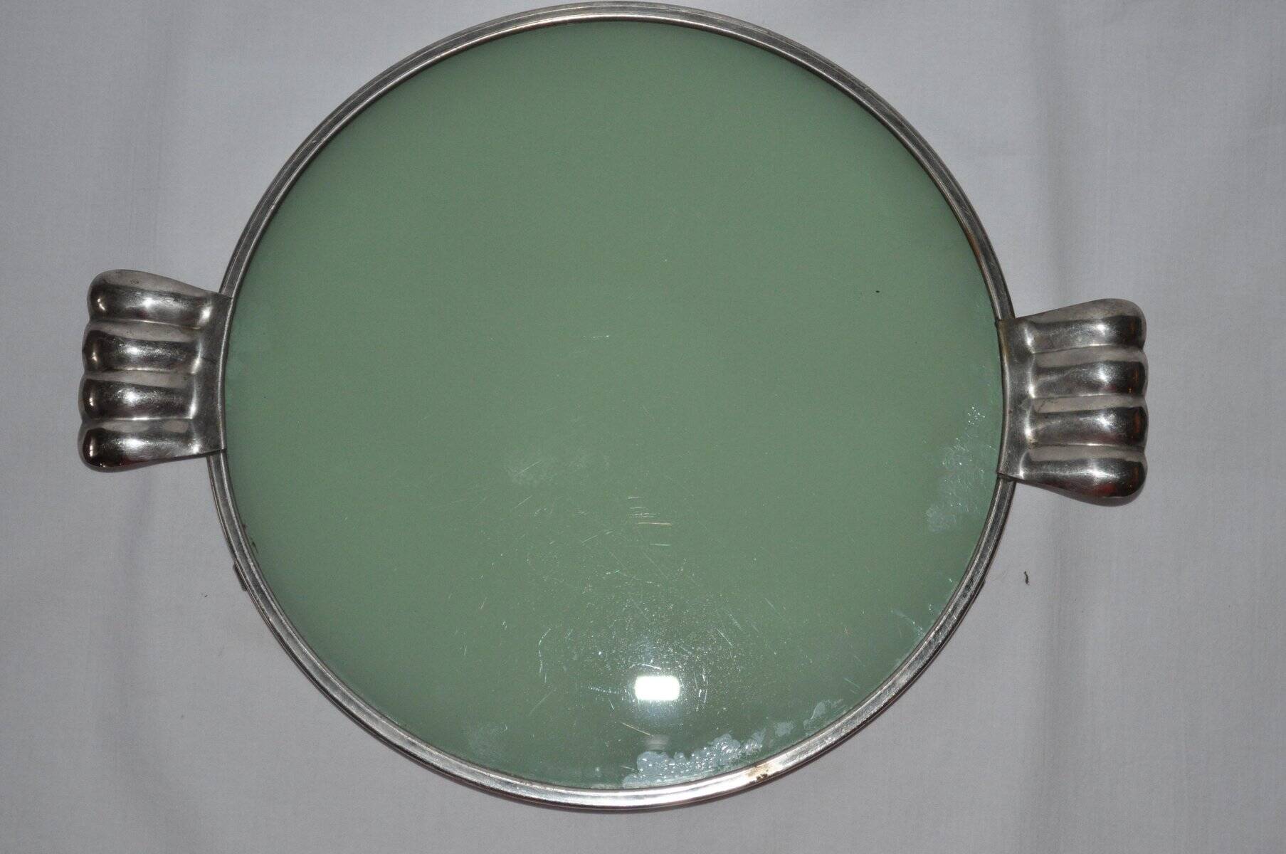 Vintage glass cake stand in green with silver-plated metal frame, porcelain (late 19th century)