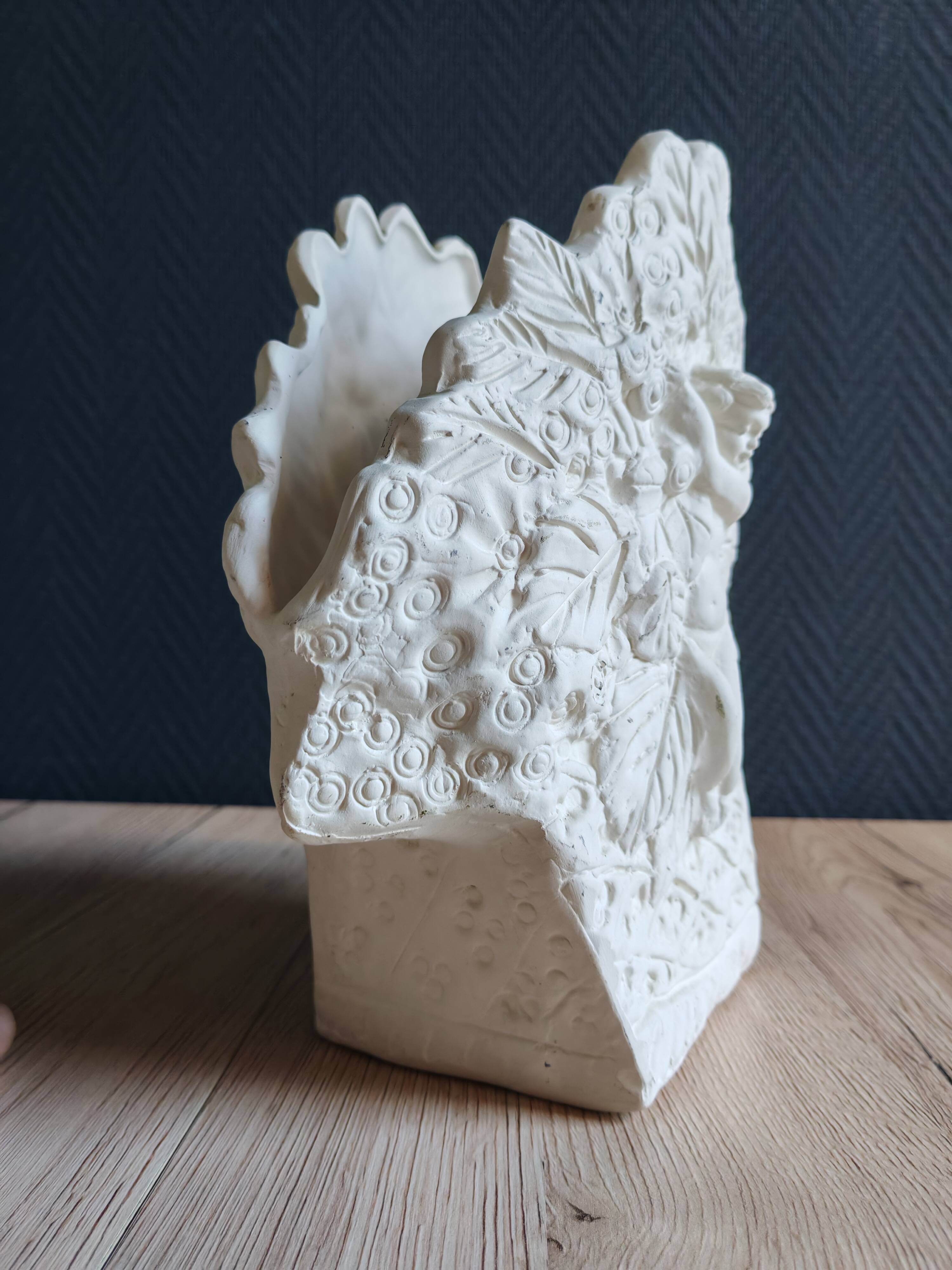 Angel Vase in White Plaster, Vintage Planter with Cherub and Flower Motif