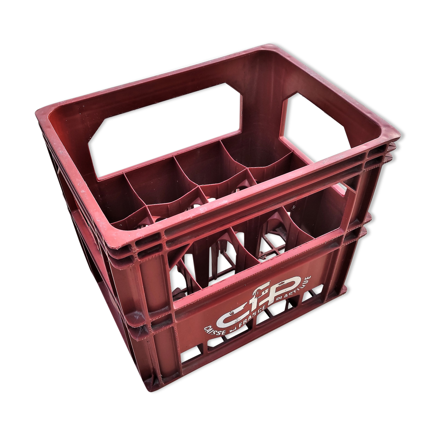 Locker with 12 red plastic bottles of the cfp brand around 1980