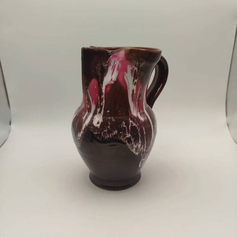 Pichet Vallauris vintage glazed ceramic with red drip design from the 1960s.