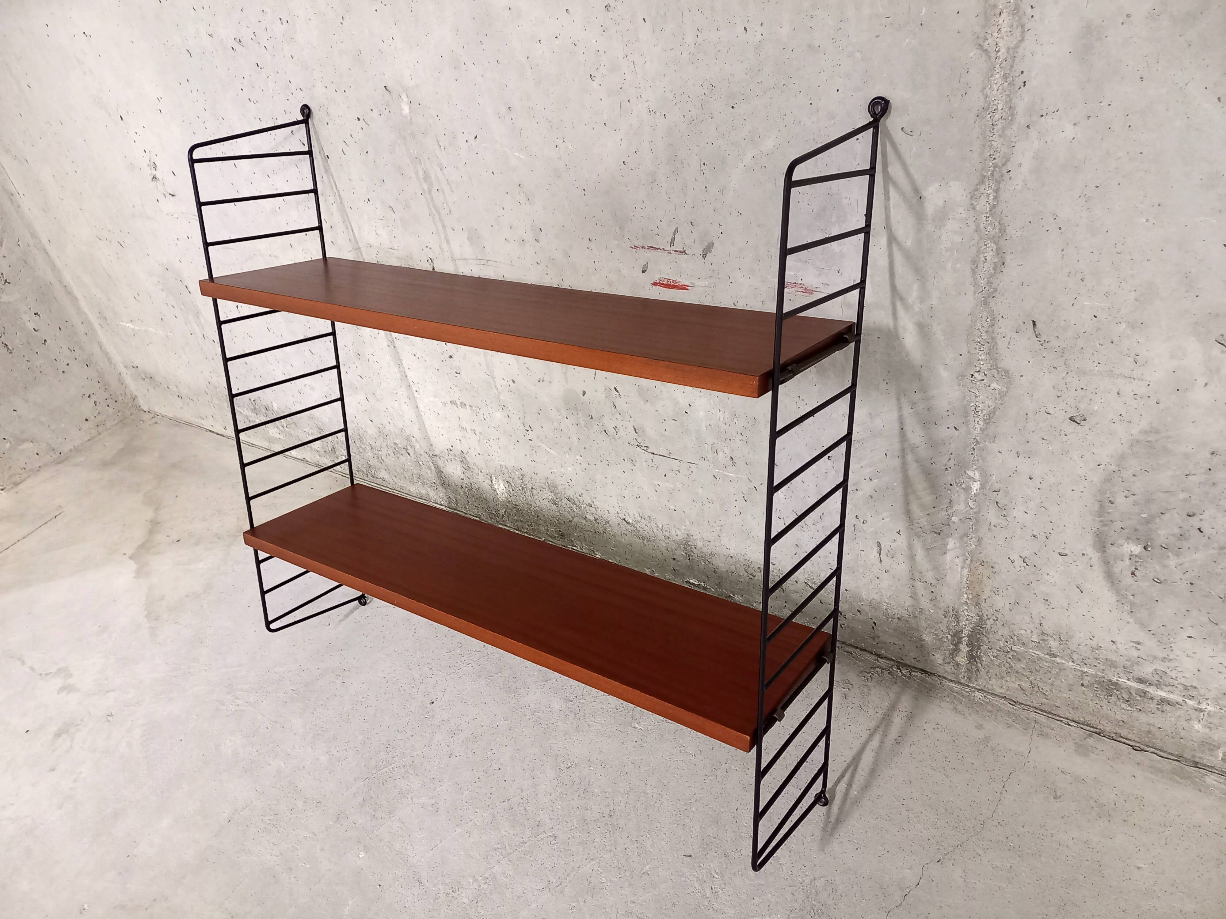 Vintage wall shelf in teak and black metal String Tomado style