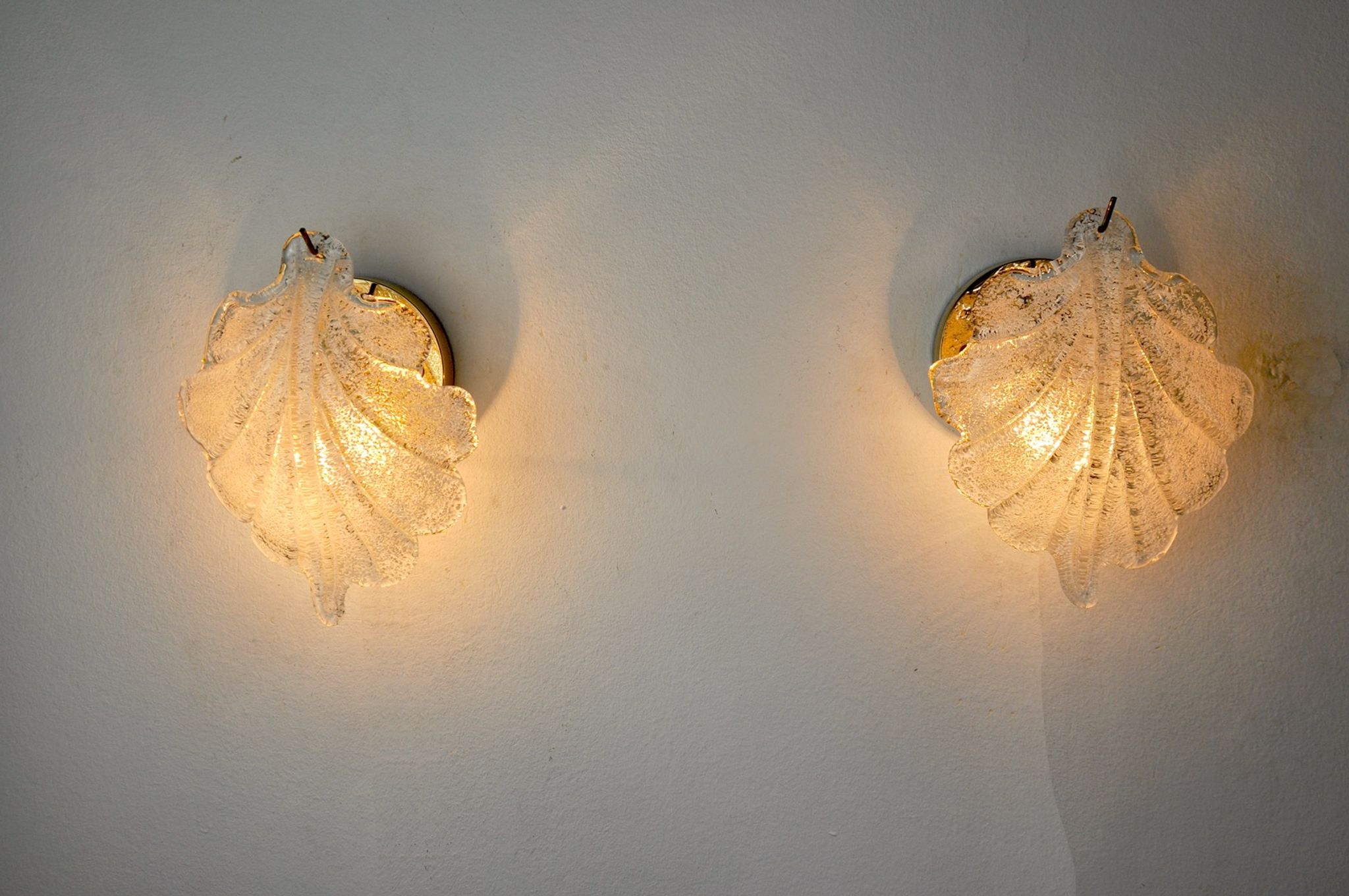 Pair of wall lamps Feuille by Murano Mazzega in frosted glass Italy 1970