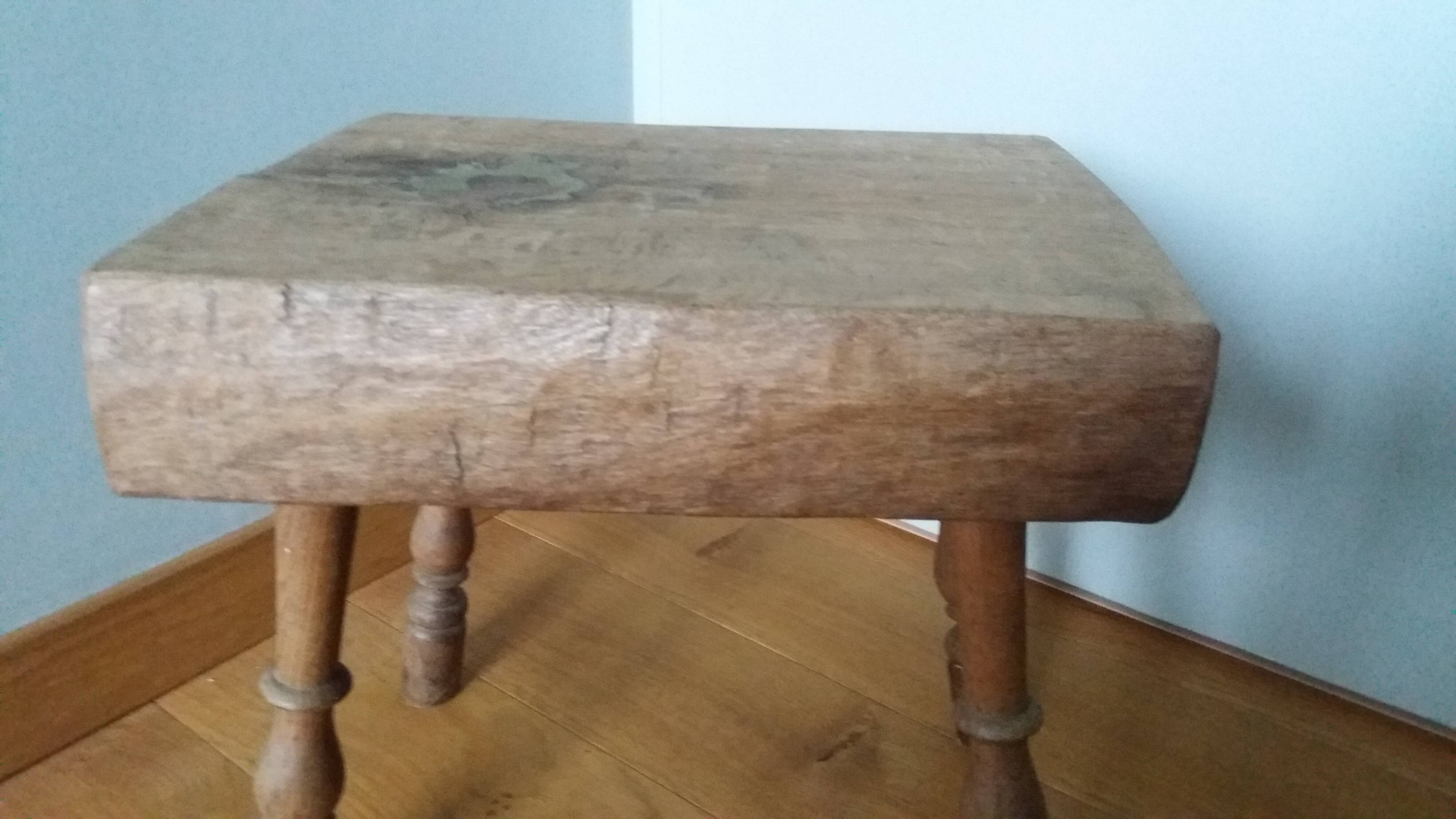Stool, brutalist side table in solid oak.