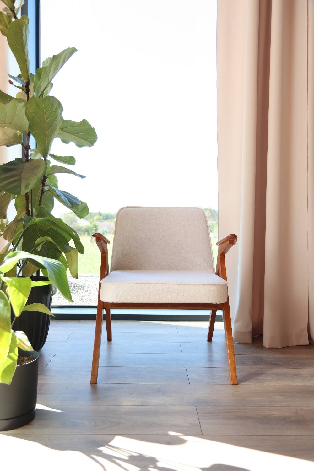 Vintage armchair white curly natural wood boho design by Chierowski 1970