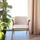Vintage armchair white curly natural wood boho design by Chierowski 1970