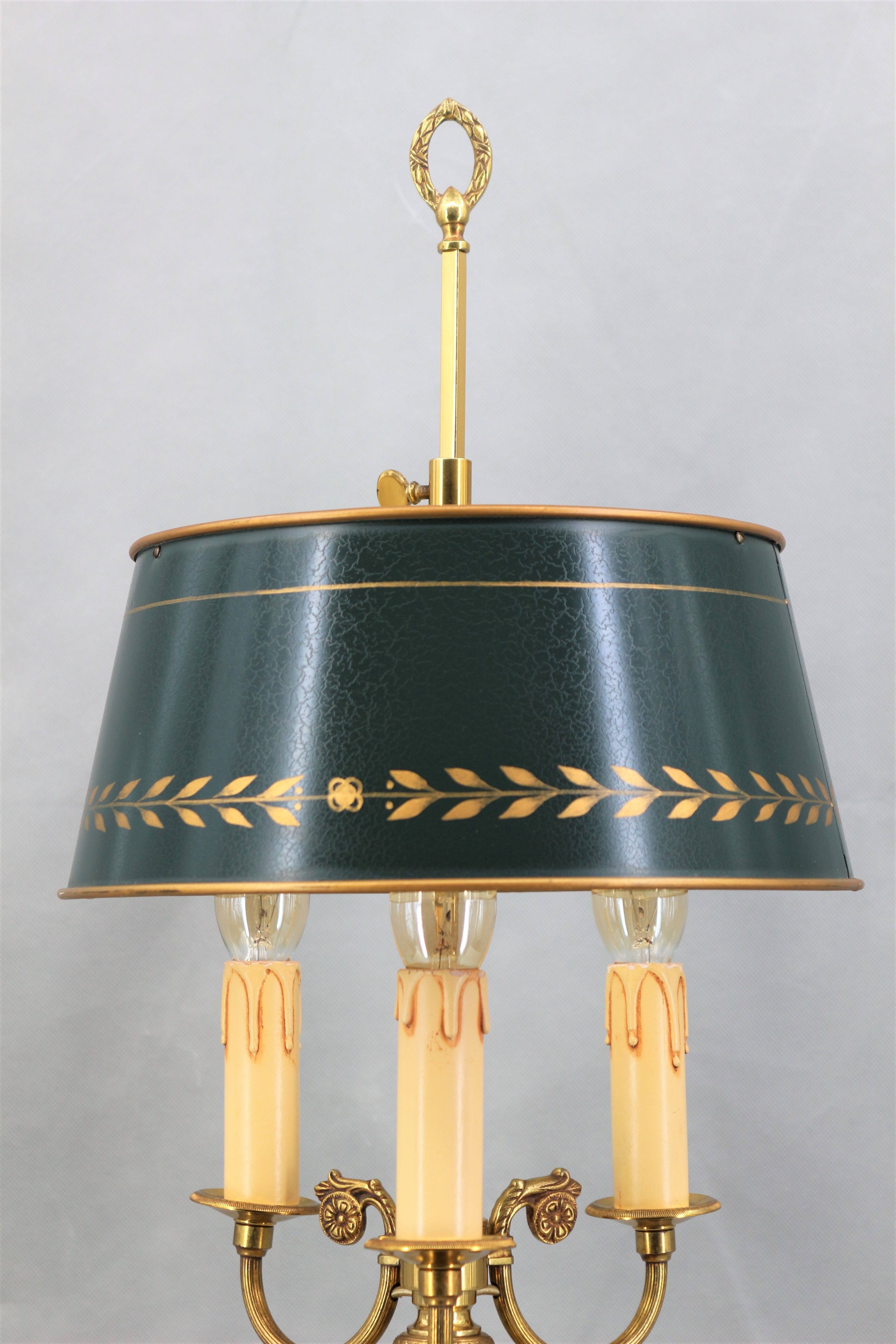 Louis XVI style bronze hot water bottle lamp, Three lights, Lampshade painted in cracked green