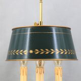 Lampe bouillotte en bronze de style Louis XVI, Trois lumières, Abat-jour peint en vert Craquelé