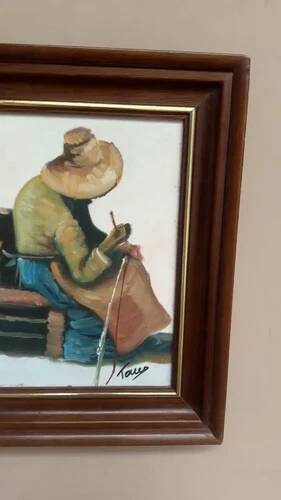 Original Swedish Oil on canvas “Basket-Making Woman” Signed & Framed 27×33cm