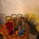 lot of 7 large tinted glasses for lemonade with double gold rim, 1950, 16x8 in good condition