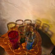 lot of 7 large tinted glasses for lemonade with double gold rim, 1950, 16x8 in good condition