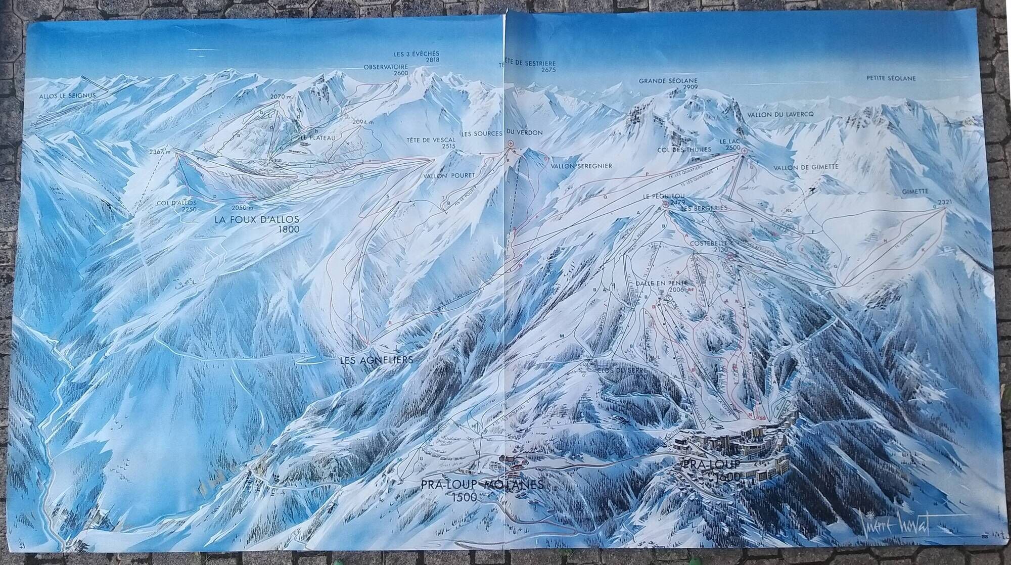 Affiche de pra-loup (ubaye-provence)- plan des pistes de ski par pierre novat (1988)