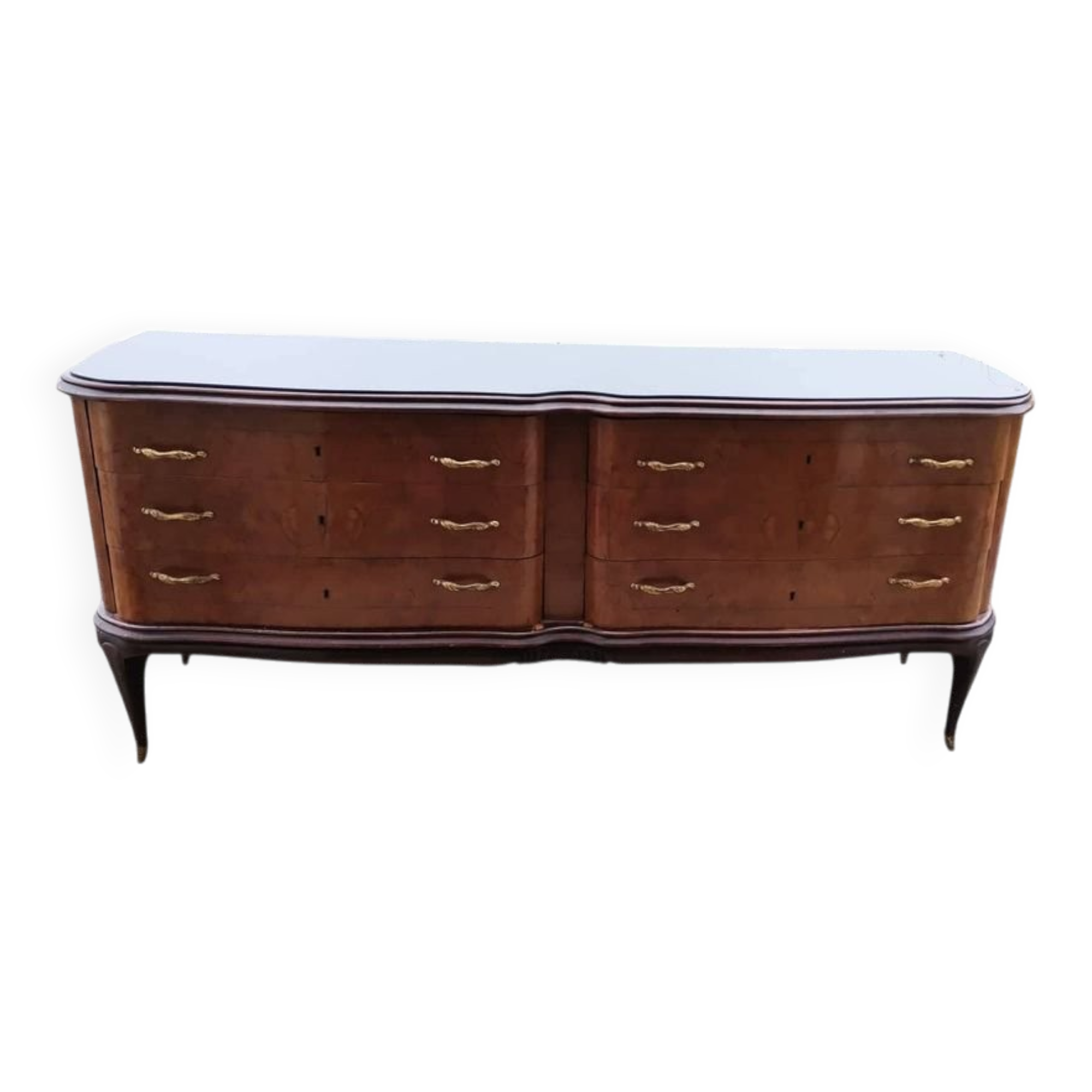 Mid-century Italian brown wooden chest of drawers, black glass top and brass handles.