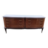 Mid-century Italian brown wooden chest of drawers, black glass top and brass handles.