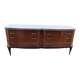 Mid-century Italian brown wooden chest of drawers, black glass top and brass handles.