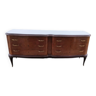 Mid-century Italian brown wooden chest of drawers, black glass top and brass handles.
