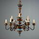 Antique wooden and brass chandelier with 9 lights, Italy, 20th century.