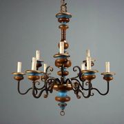 Antique wooden and brass chandelier with 9 lights, Italy, 20th century.