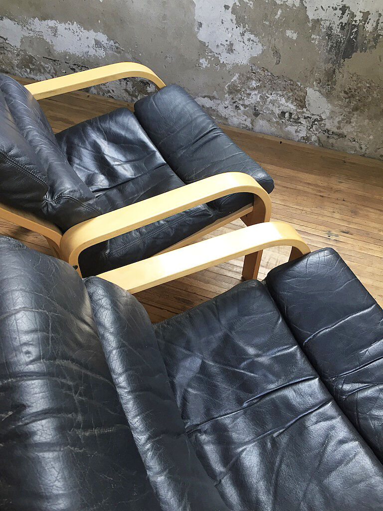 Danish sofa and armchairs curved wood and leather