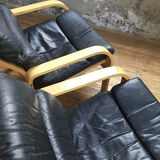 Danish sofa and armchairs curved wood and leather