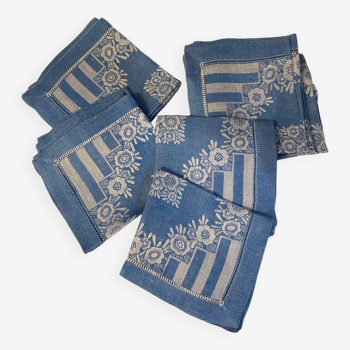 Serie de 12 serviettes a the en coton tisse decor floral sur fond bleu annees 70