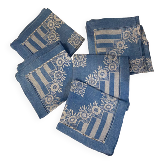 Serie de 12 serviettes a the en coton tisse decor floral sur fond bleu annees 70