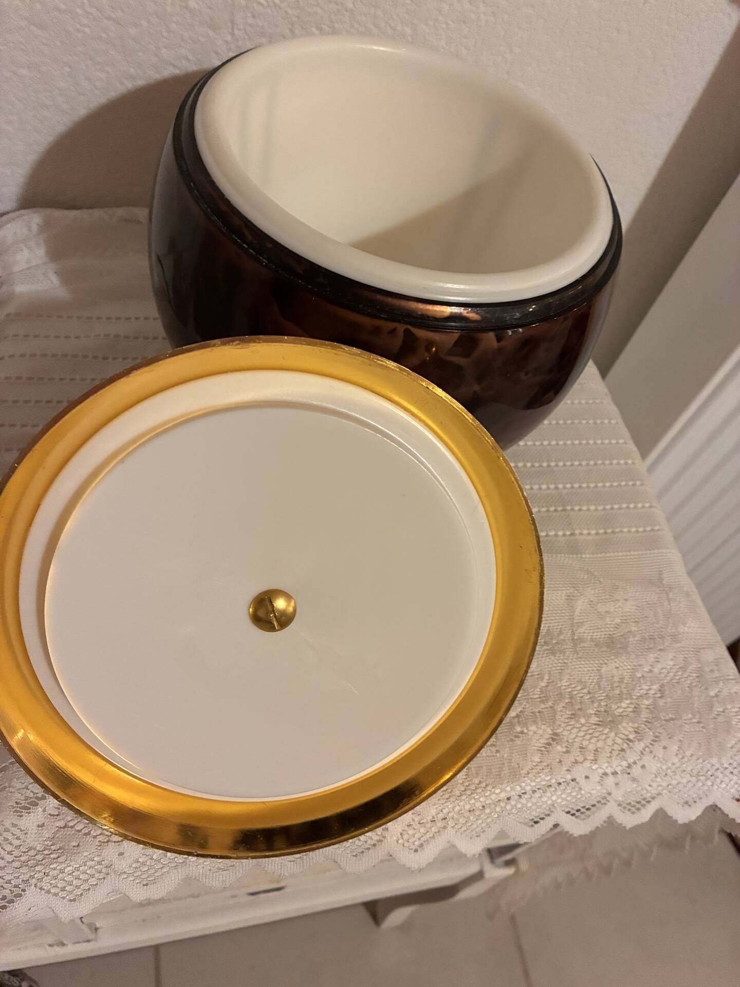 Vintage pear-shaped Luxium ice bucket – tortoiseshell & gold – year