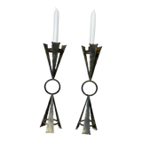 Pair of "brutalist" candlesticks in forged and hammered raw steel 70s
