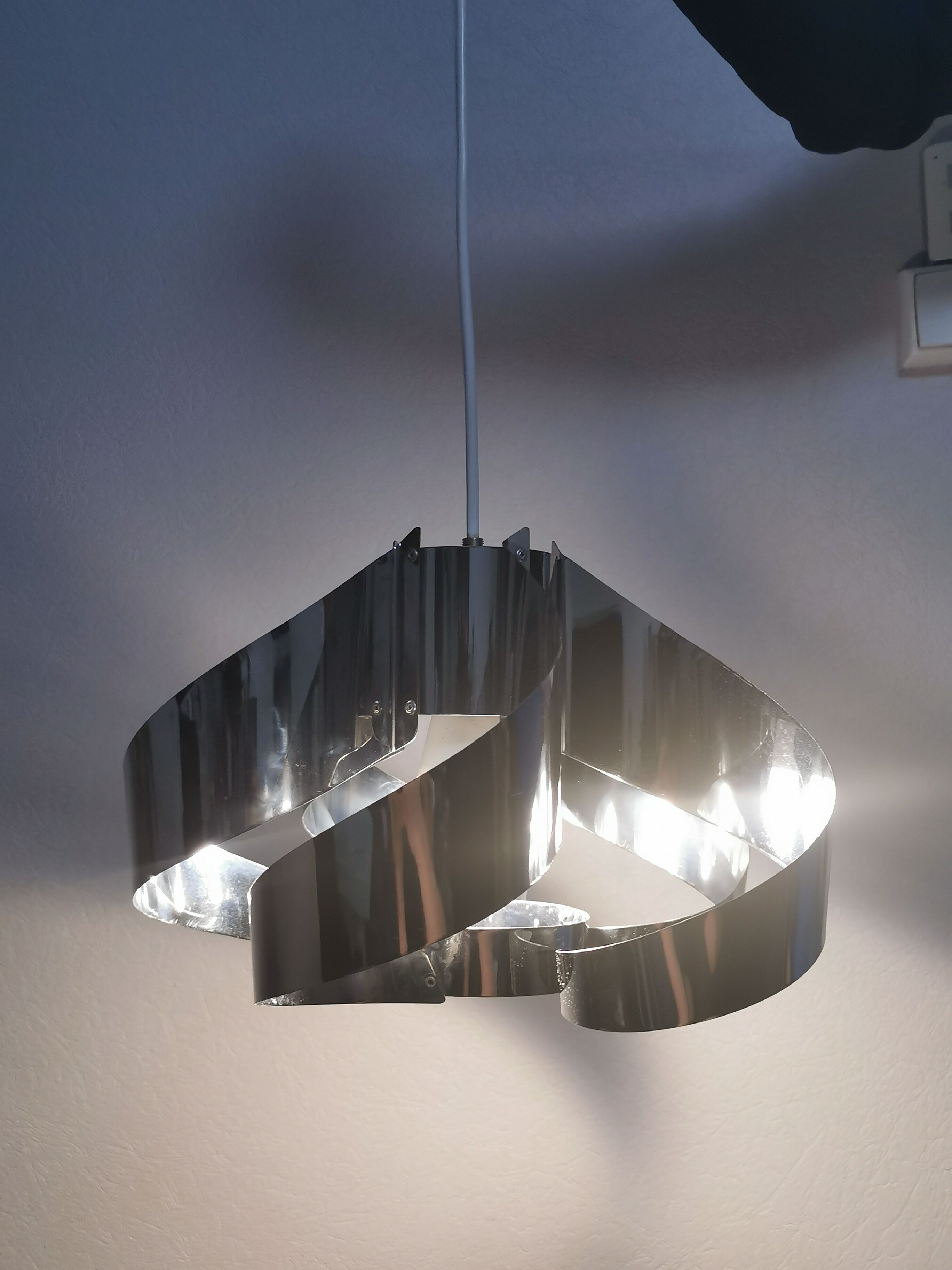 Curved stainless steel hanging lamp, Space Age, 1970