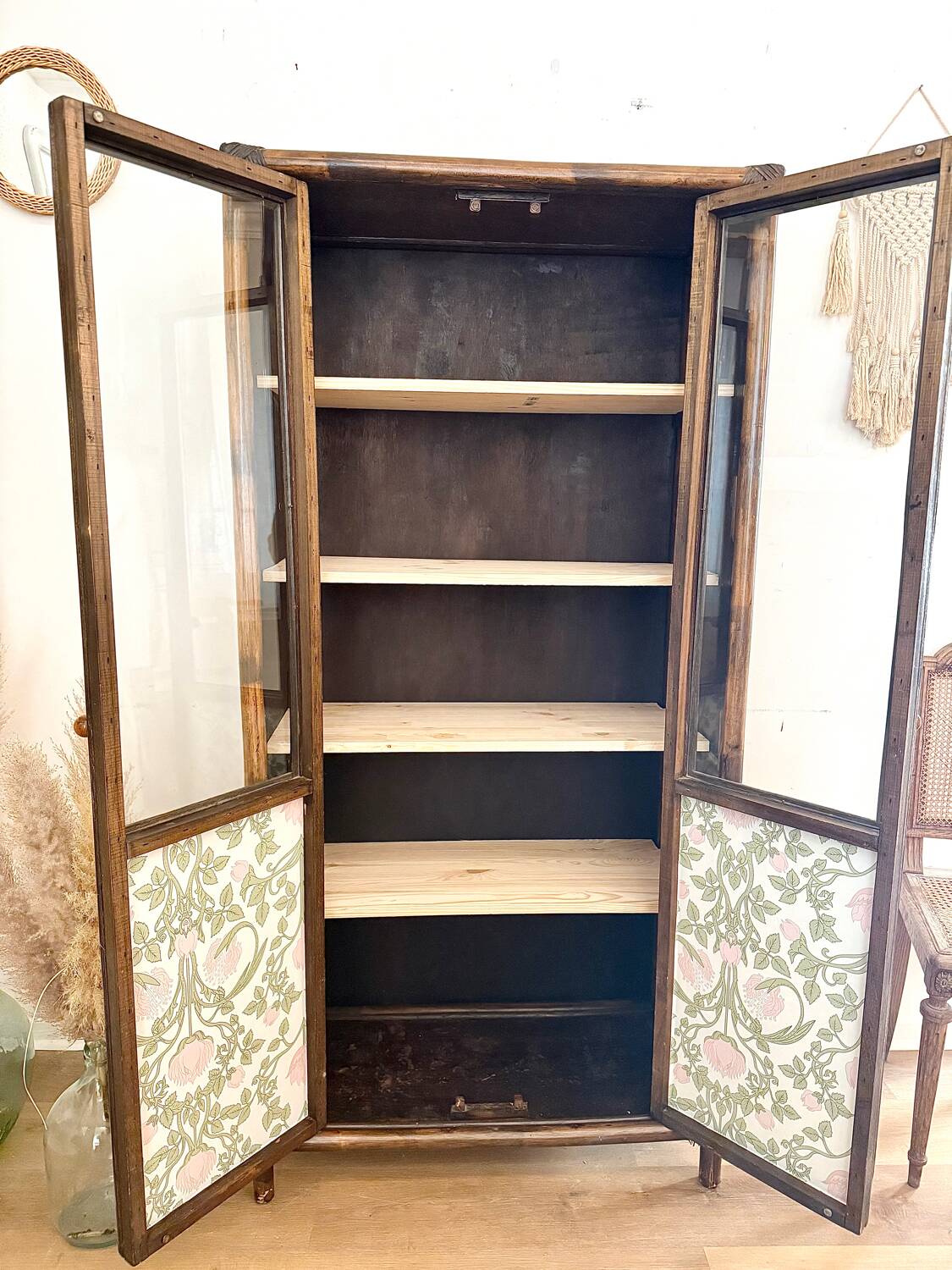 Glass cabinet in bamboo and cane