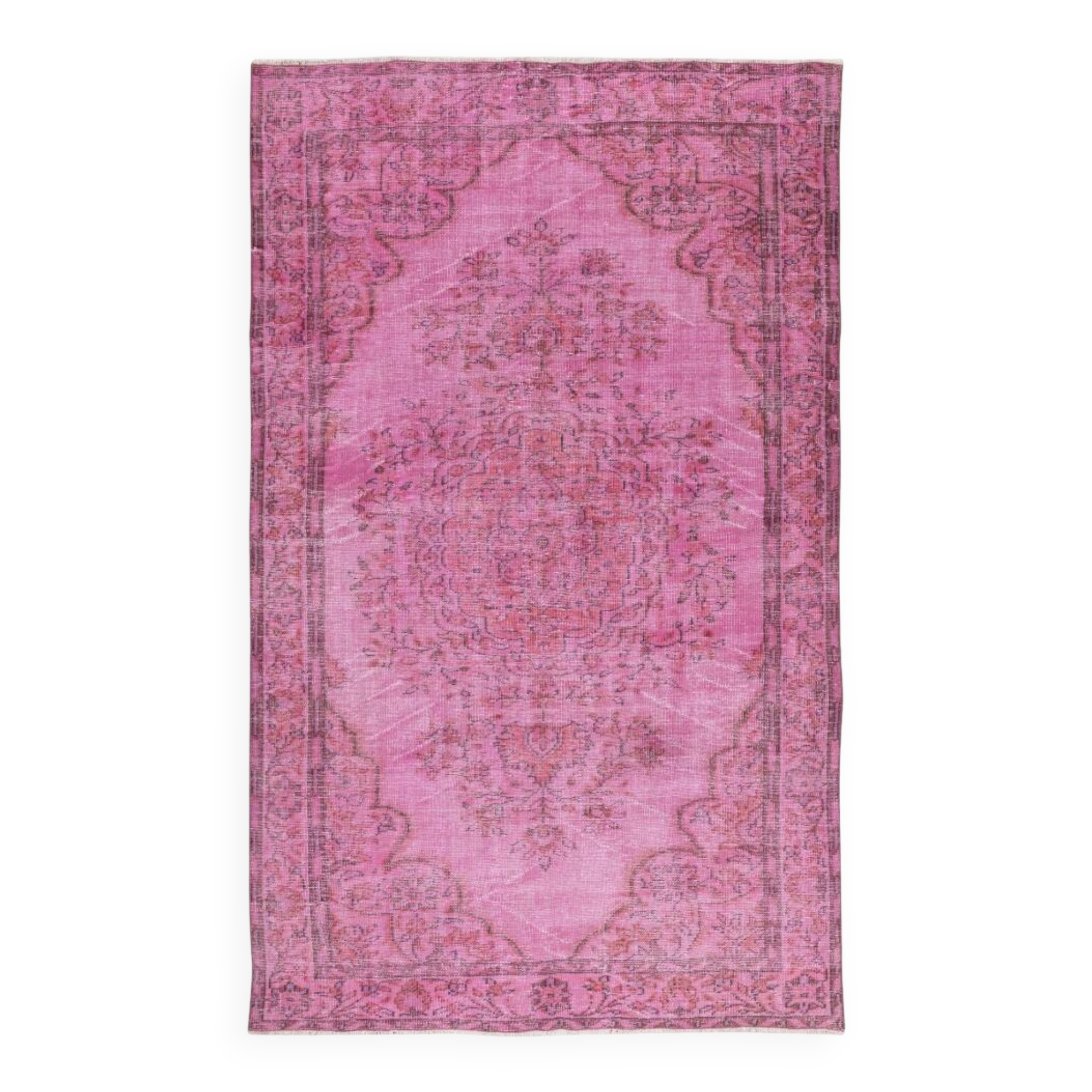 Vintage Handmade Turkish Wool Area Rug Overdyed in Pink for Contemporary Interiors