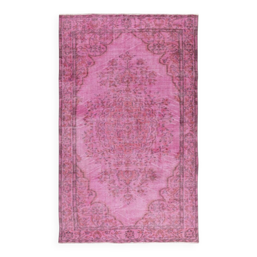 Vintage Handmade Turkish Wool Area Rug Overdyed in Pink for Contemporary Interiors