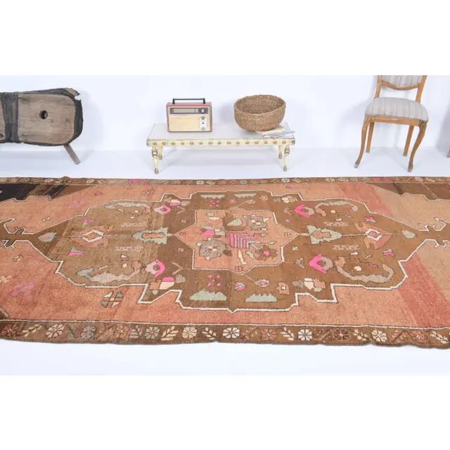 Vintage Turkish Hand-Knotted Wool Cotton Orange Runner 159x366