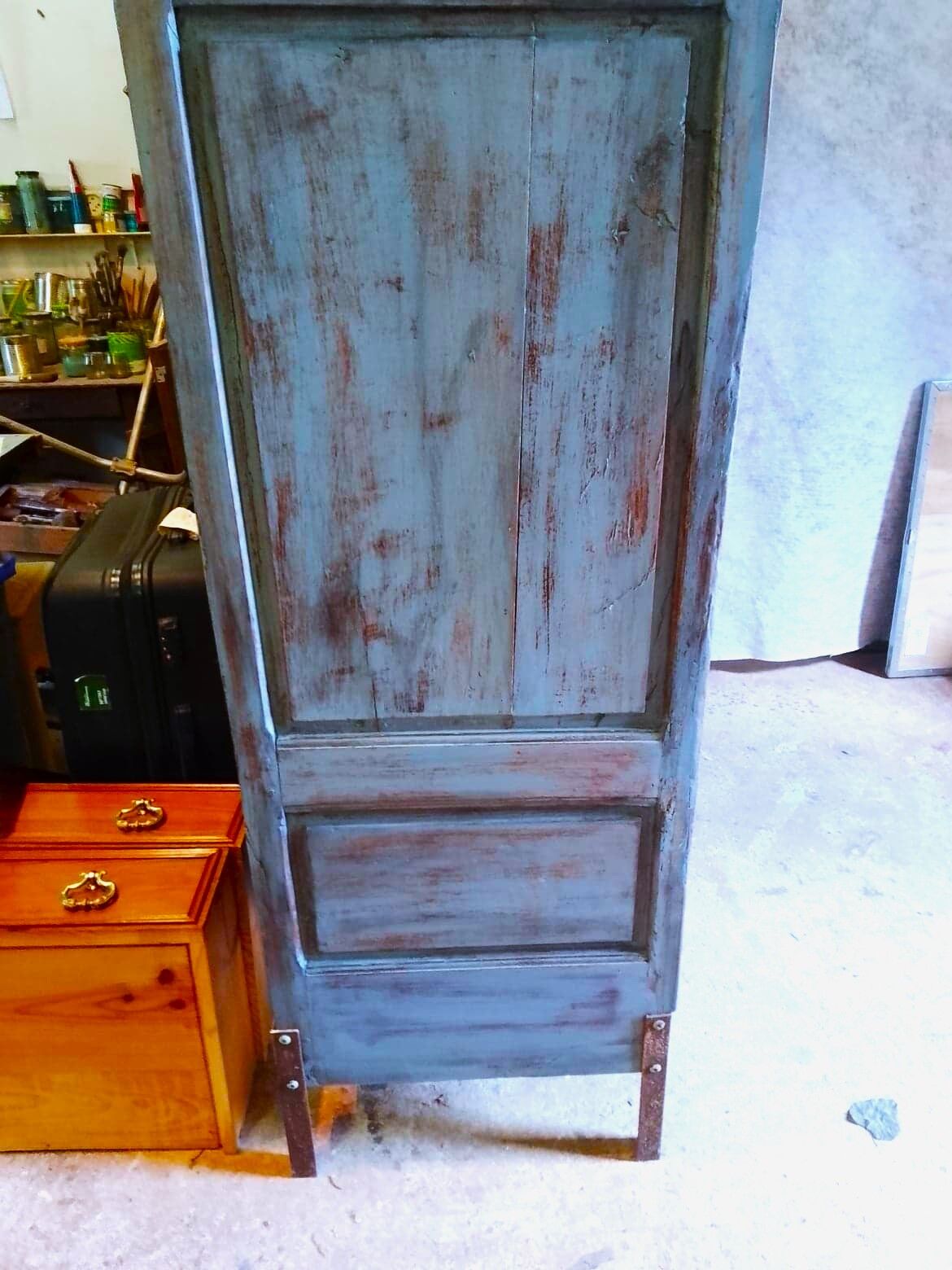 End 18th century wardrobe provençale all solid oak patinated blue by artisan cabinetmaker