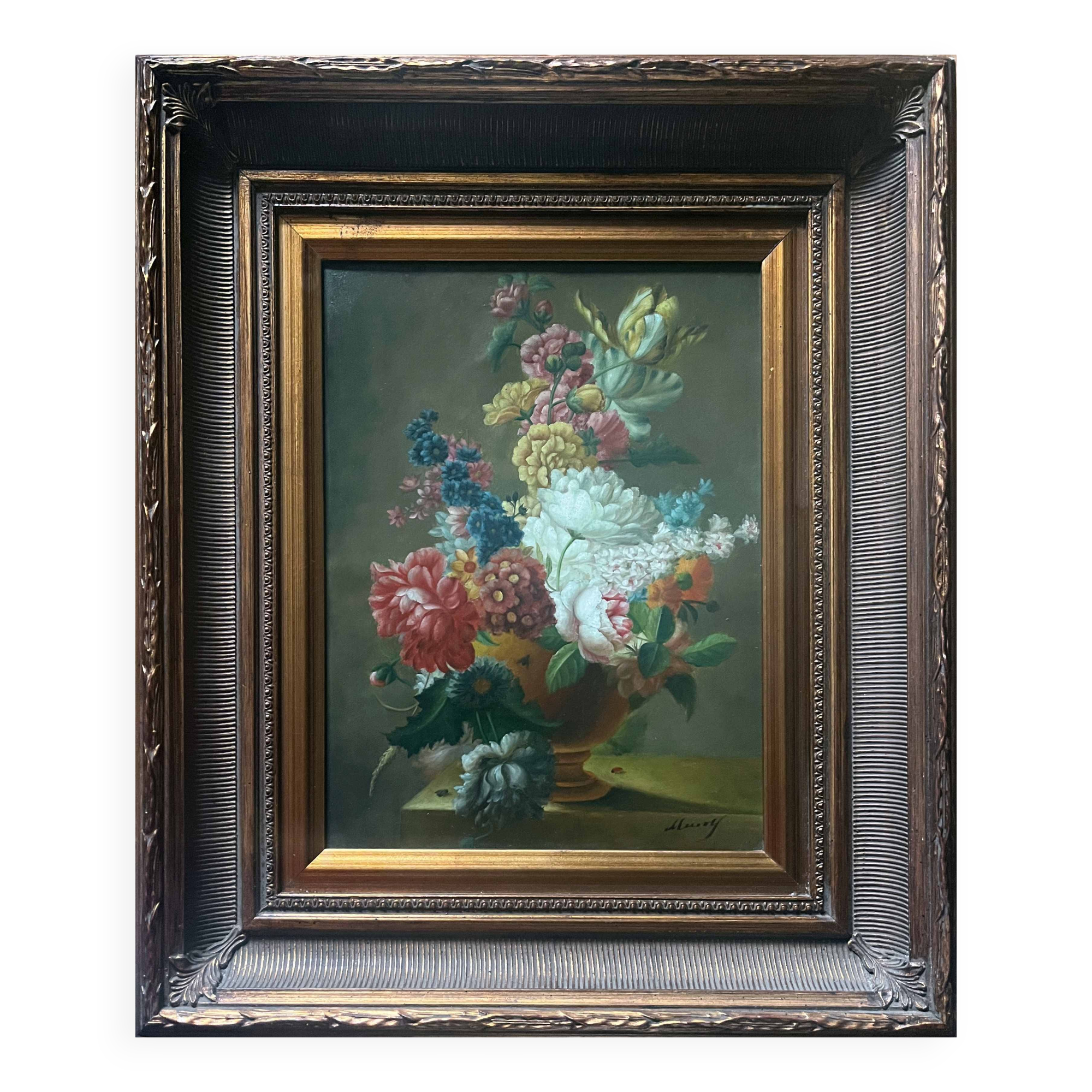 Hst painting "floral composition" ec. xx° flowers signed + frame
