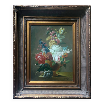 Hst painting "floral composition" ec. xx° flowers signed + frame