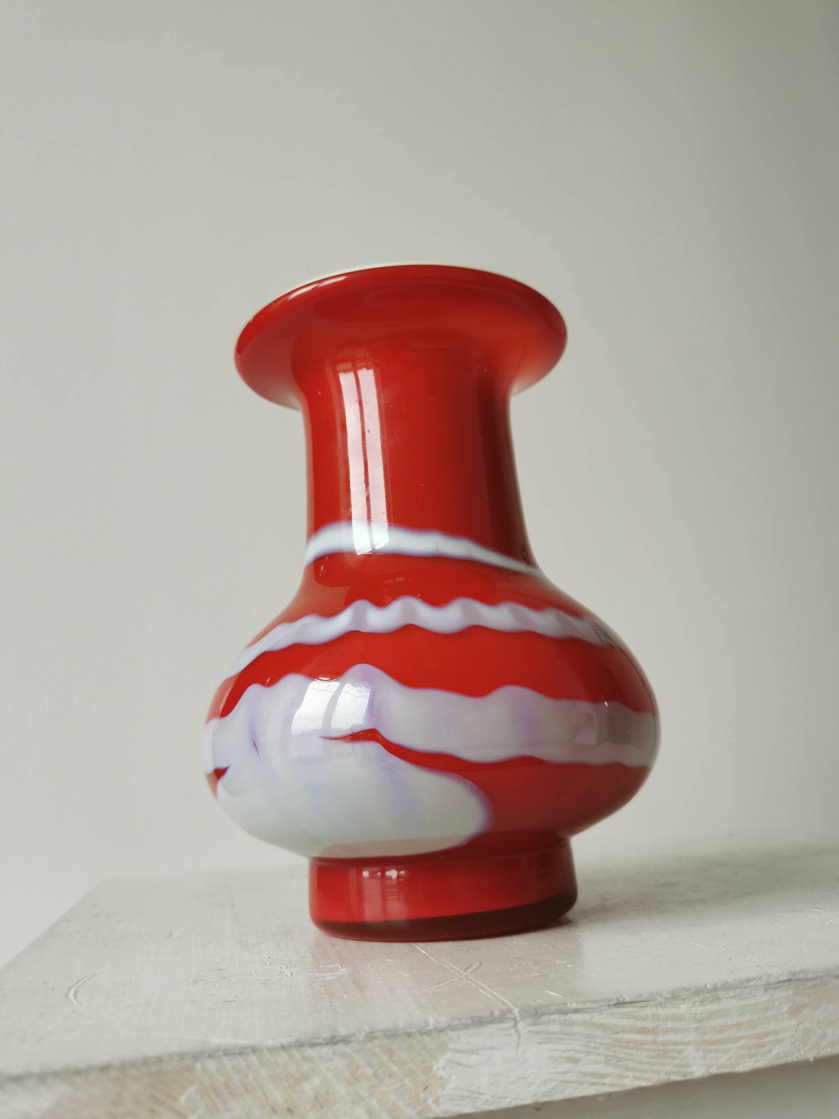 Vintage Murano Glass Vase: Red & White Stripes, 1970s Space Age Decor